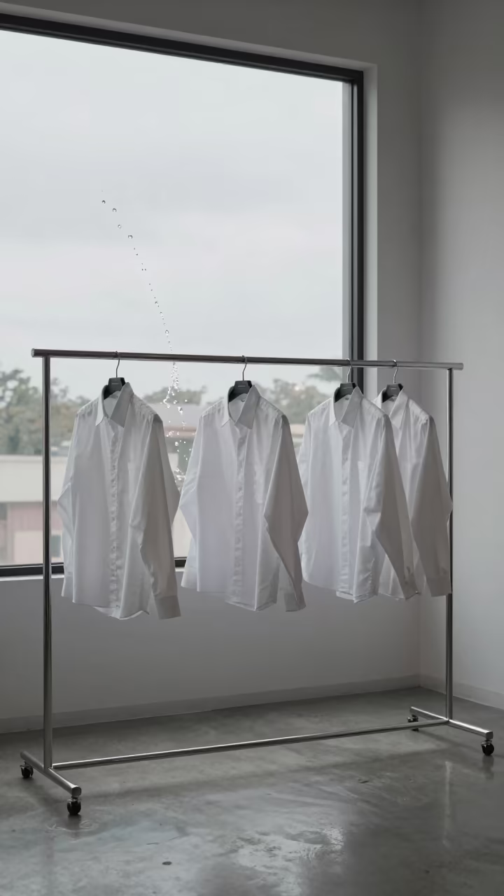 Frozen Hail Splash Beside Pressed Shirts in inside a minimalist showroom near Yaba, Lagos