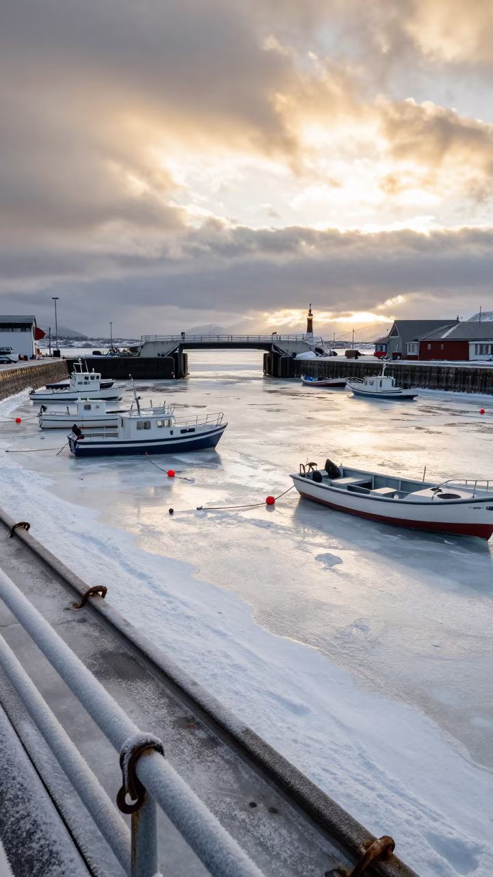 Frozen Harbor Boats Anchorage Winter Evening in on a wind-open causeway near Anchorage