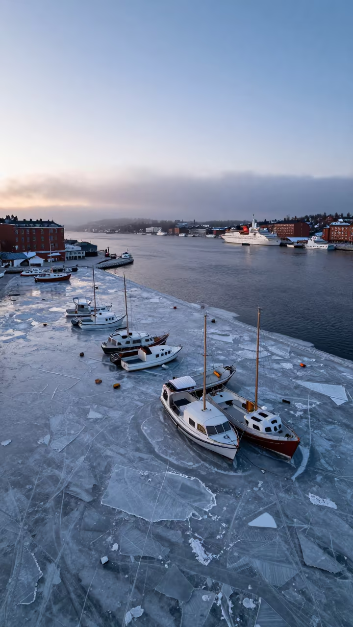 Frozen Harbor Boats in Copper Twilight Stockholm in beside a fogbound harbor mouth near Stockholm
