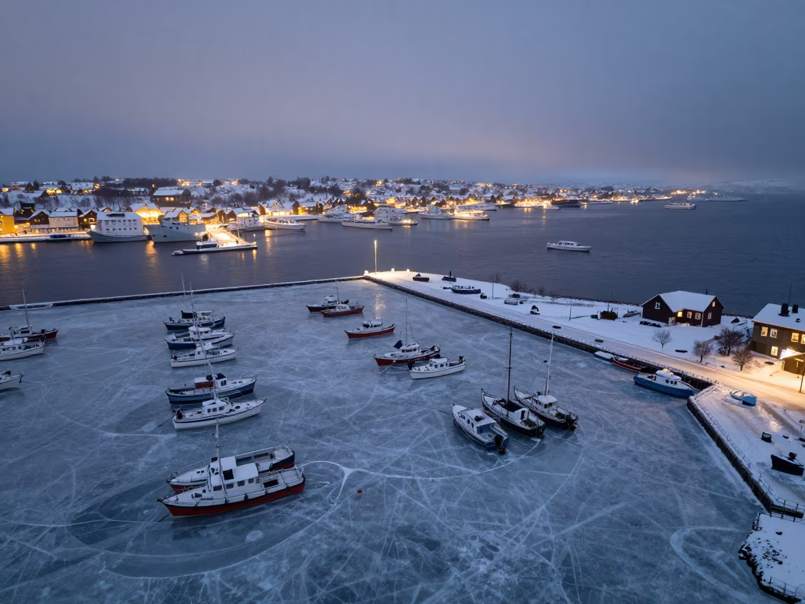 Frozen Harbor Boats in Winter Mist at Night in on a wind-open causeway near Tromsø