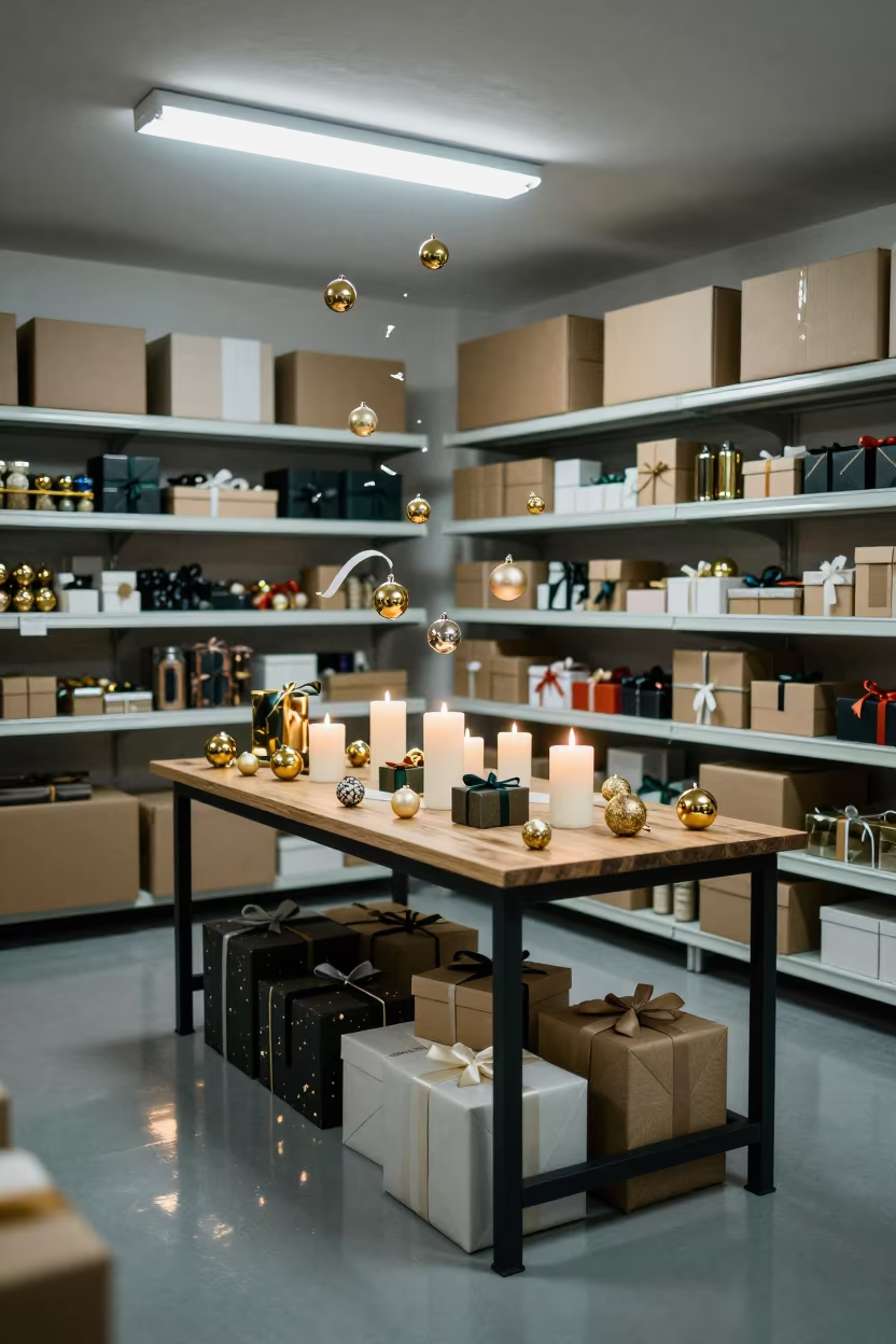 Frozen Holiday Candles and Ornaments in Kumasi Stockroom in inside a stockroom behind the sales floor in Kumasi