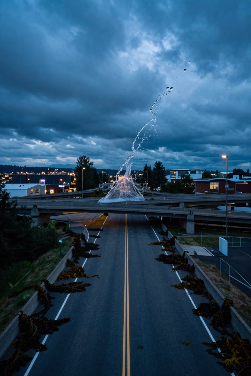 Frozen Kelp Splash on Oregon Overpass in across a windy overpass interchange in Oregon