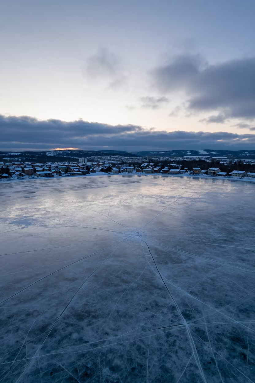 Frozen Lake Cracks Above Siberian Rooftops Twilight in high above patterned rooftops in Siberia