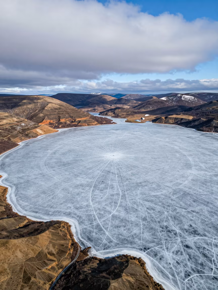 Frozen Lake Cracks Aerial View Anchorage in far above terraced hillsides near Anchorage