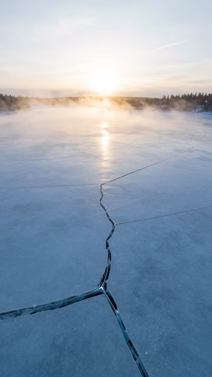 Frozen Lake Cracks Silhouetted Against Sunrise Mist in in Lapland