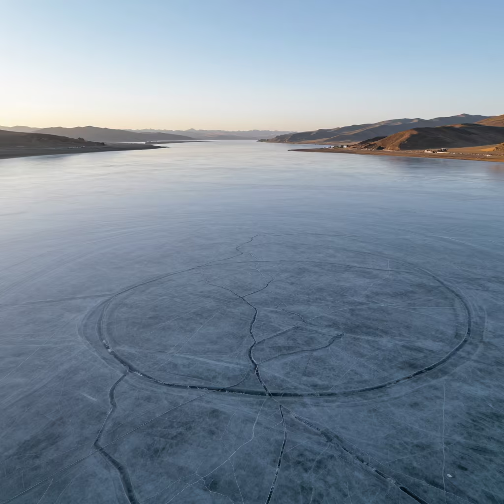 Frozen Lake Cracks Tibet Aerial View in high above braided river channels in Tibet