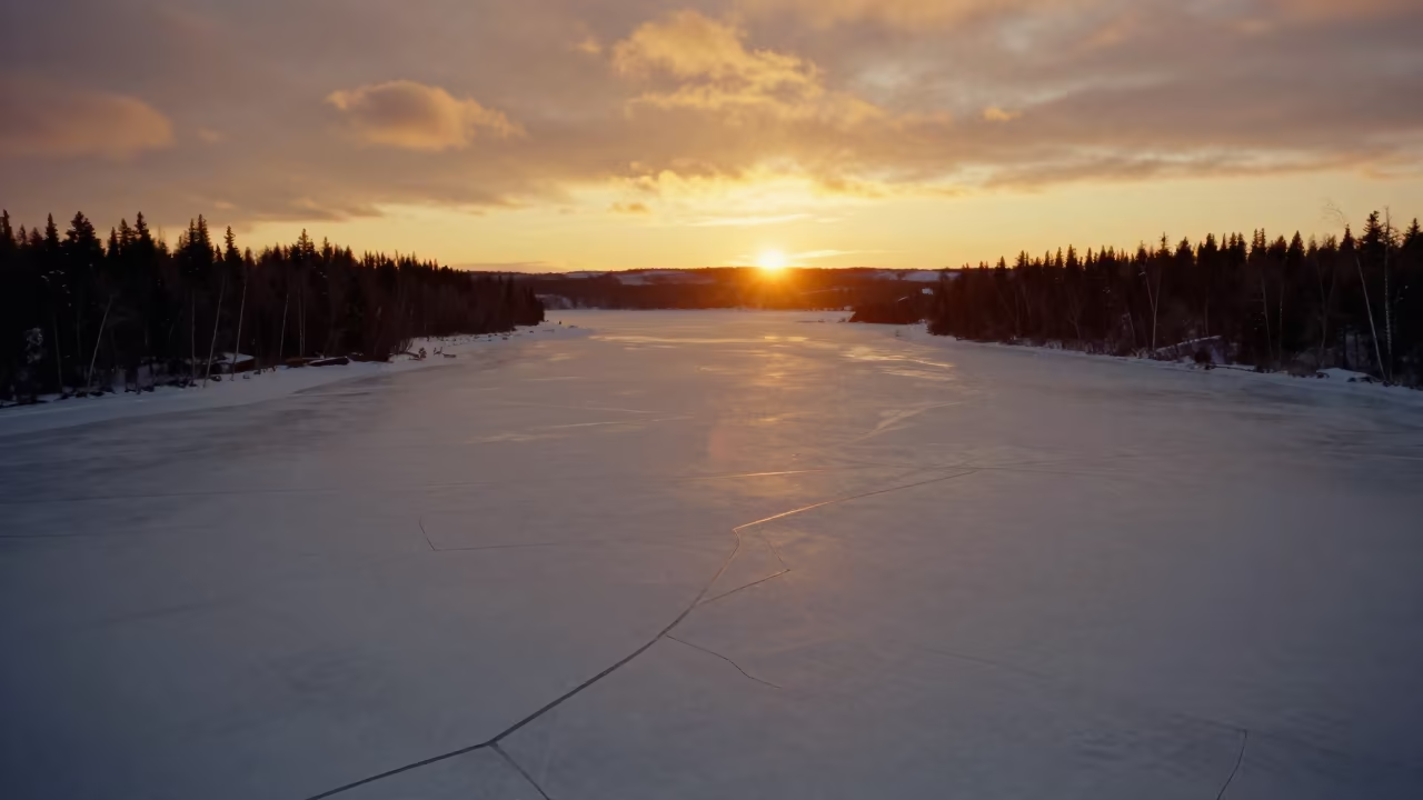 Frozen Lake Cracks in Honeyed Whitehorse Evening Light in across a wide valley floor near Whitehorse