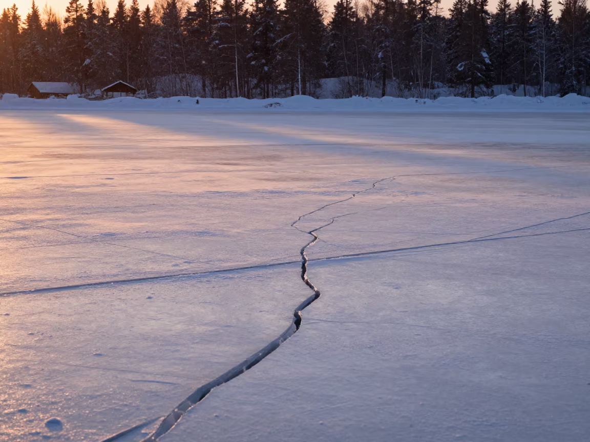 Frozen Lake Cracks in Winter Evening Light in near Rovaniemi