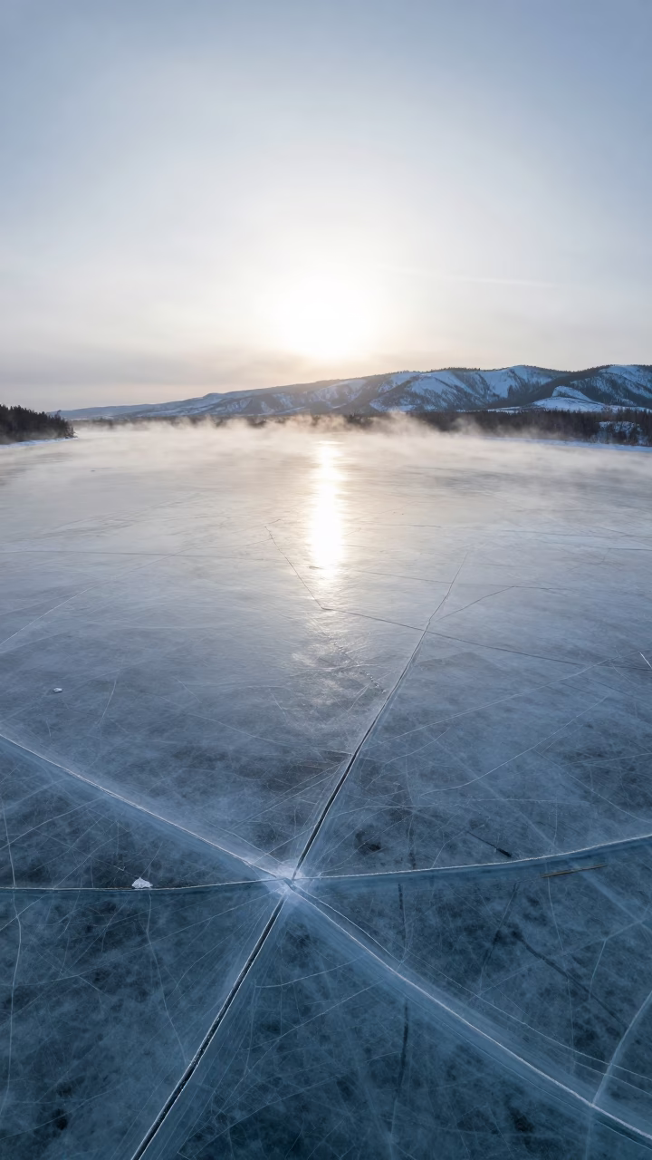 Frozen Lake Ice Cracks Under Midnight Sun in from a ridge above layered foothills near Fairbanks
