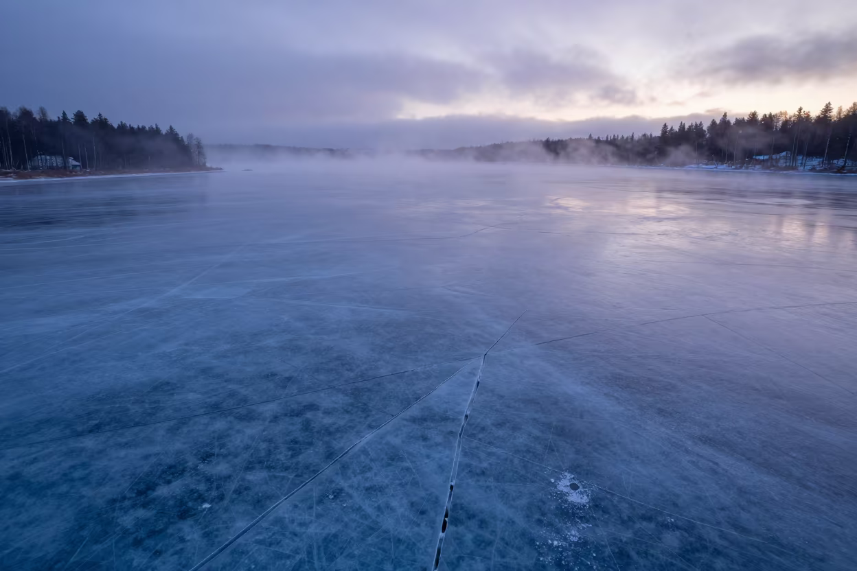 Frozen Lake Ice Cracks Under Midnight Sun in across a wide valley floor near Helsinki