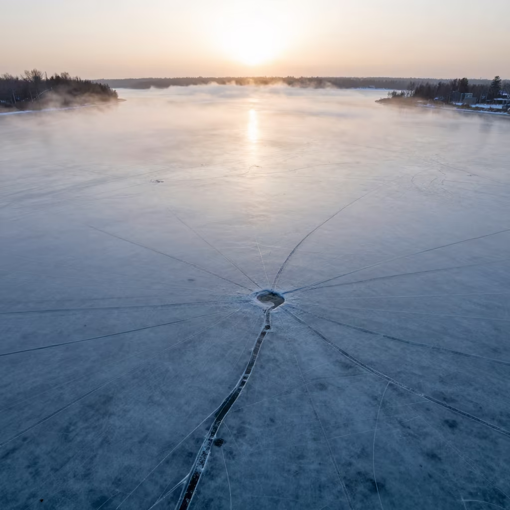 Frozen Lake Pressure Cracks Dawn Mist in high above braided river channels in Canada