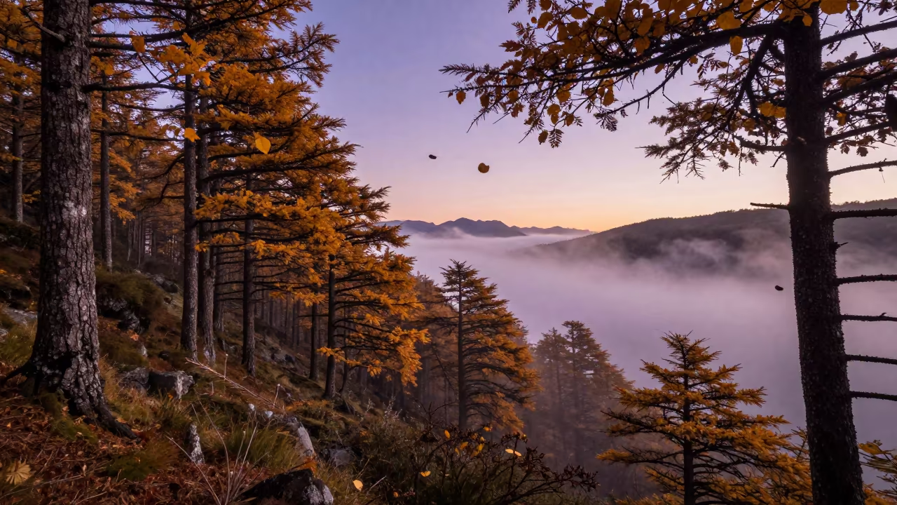 Frozen Leaves in Patagonian Cedar Forest at Sunset in across a wide valley floor in Patagonia