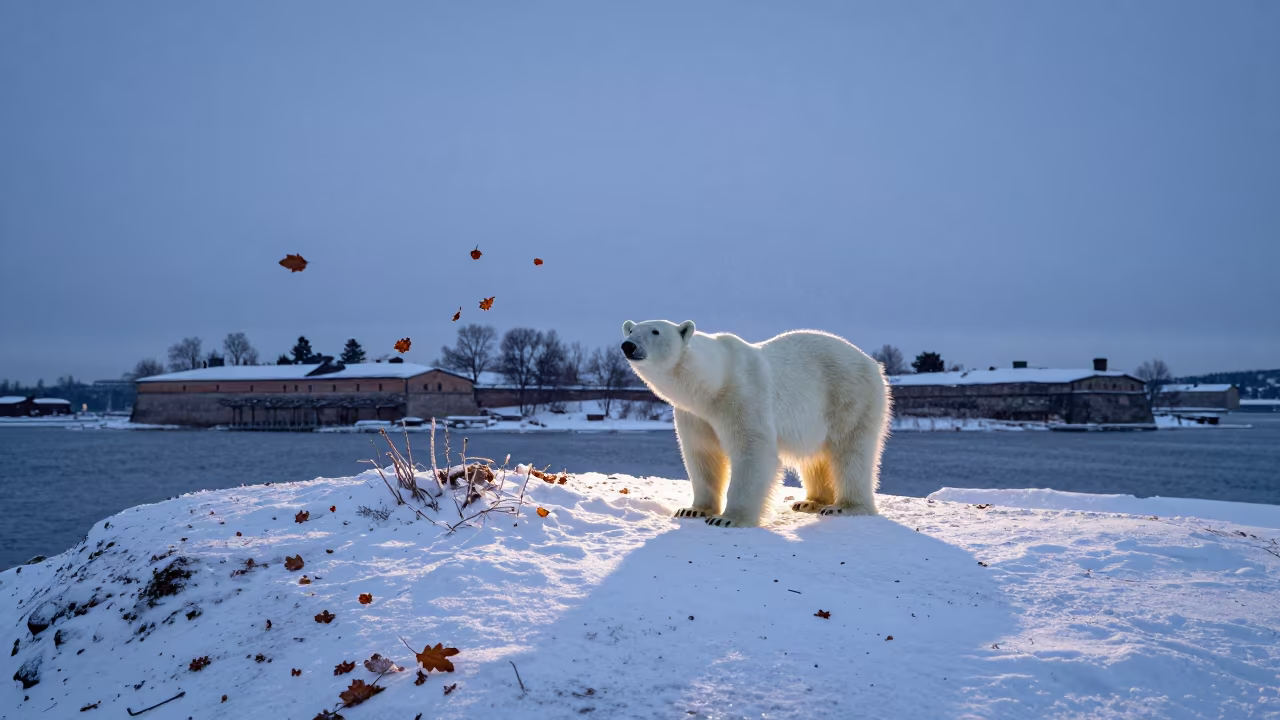 Frozen Leaves and Snow at Suomenlinna Dusk in on a wind-scoured ridge near Suomenlinna, Helsinki