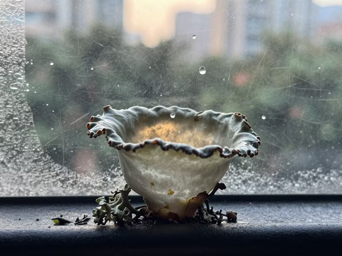 Frozen Lichen Cup with Midair Droplets in along a frost-edged windowpane in Dongshan, Guangzhou