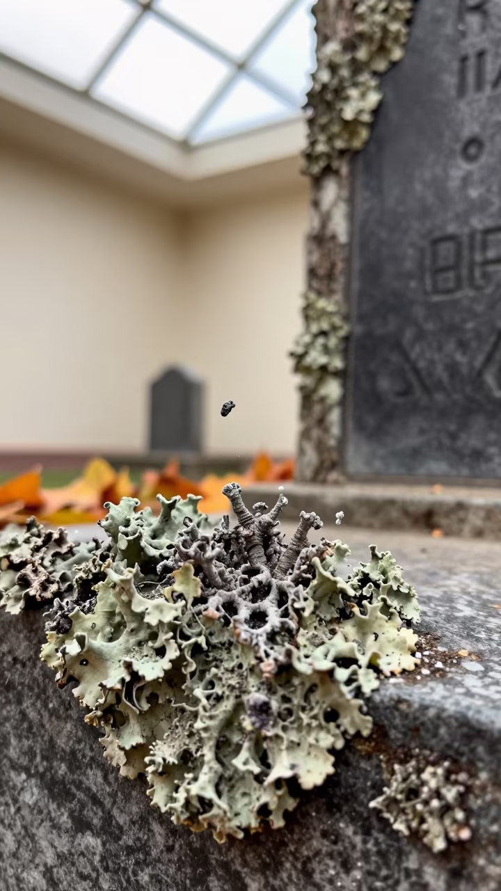 Frozen Lichen Falling on Tombstone Edge in on lichen-covered bark in Mirpur Khas