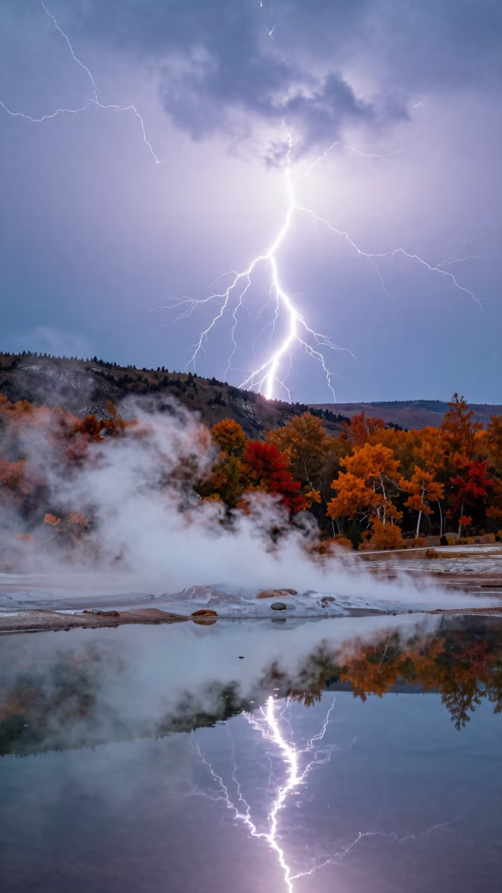 Frozen Lightning Over Almaty Autumn Lake in from a ridge above layered foothills near Almaty