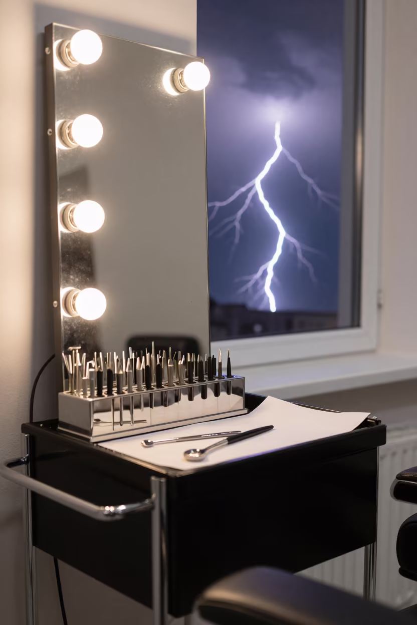 Frozen Lightning Over Barber Station Prizren in at a barber station beneath mirror bulbs in Prizren