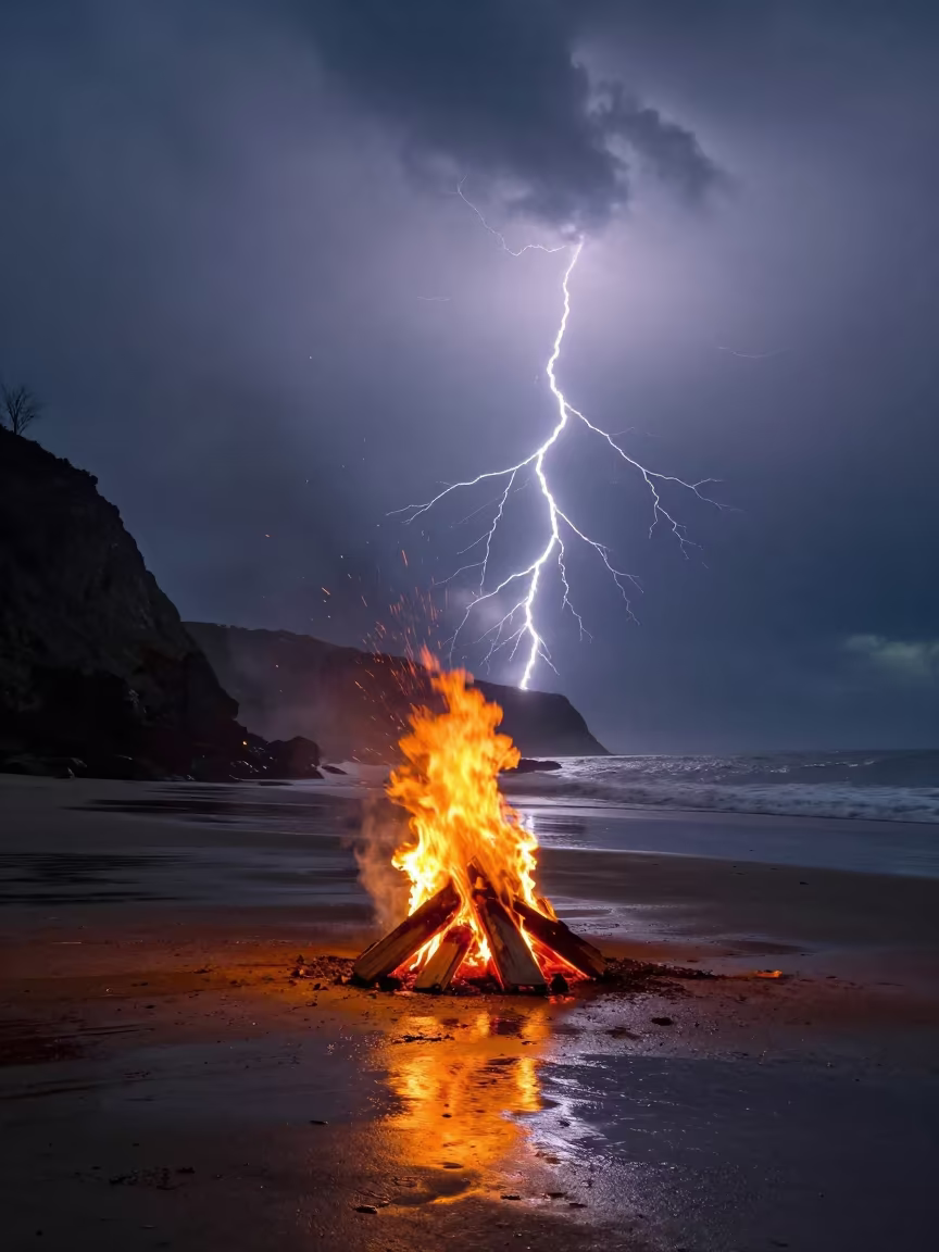 Frozen Lightning Over Bonfire on Misty Gorge Beach in above a misty gorge in warm night air near Salvador