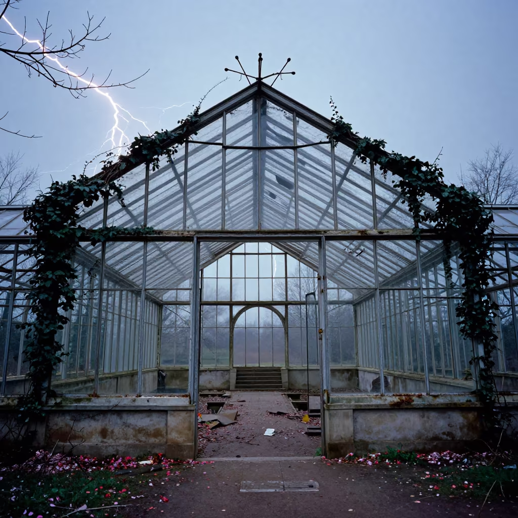 Frozen Lightning in French Winter Ruin in inside a stair hall open to the weather in France