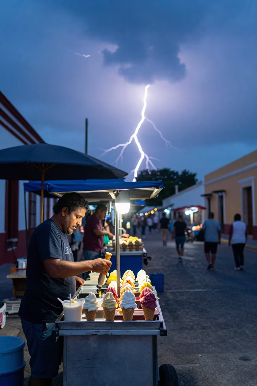 Frozen Lightning Over Gelato Vendor in Campeche Bazaar in in a covered bazaar aisle in San Francisco de Campeche