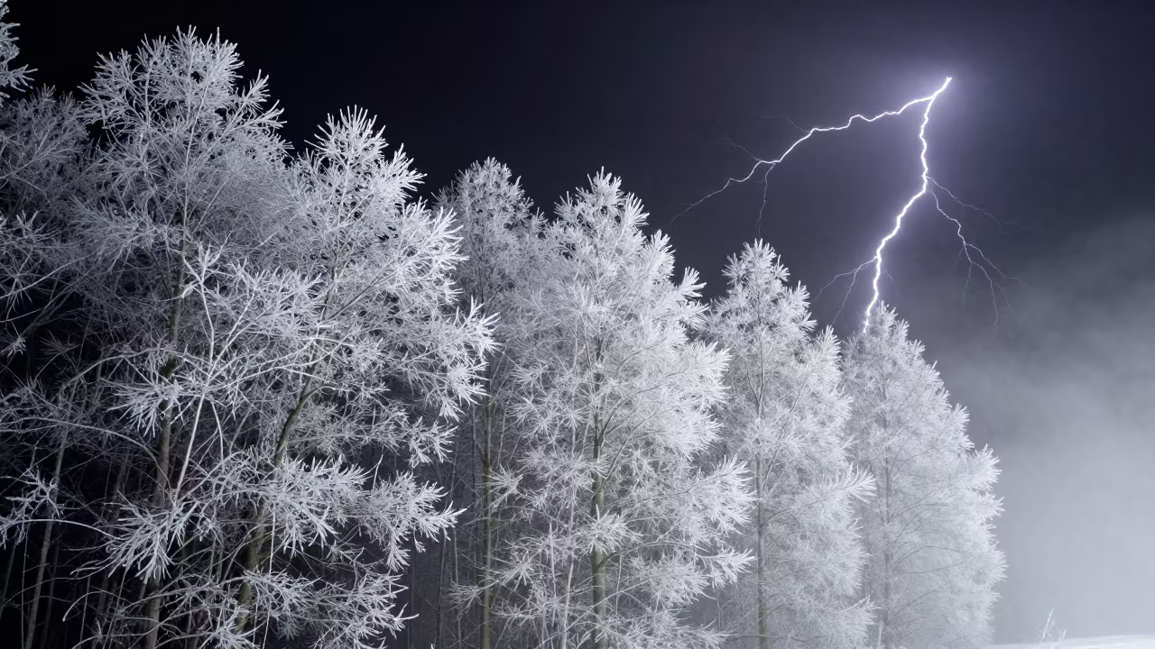 Frozen Lightning Over Hoarfrost Forest at Midnight in beneath fast-moving cloud bands near Tartu