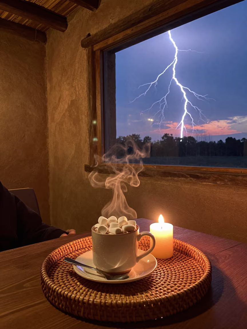 Frozen Lightning Over Hot Chocolate in Man Tea House in on a tea house tray in Man
