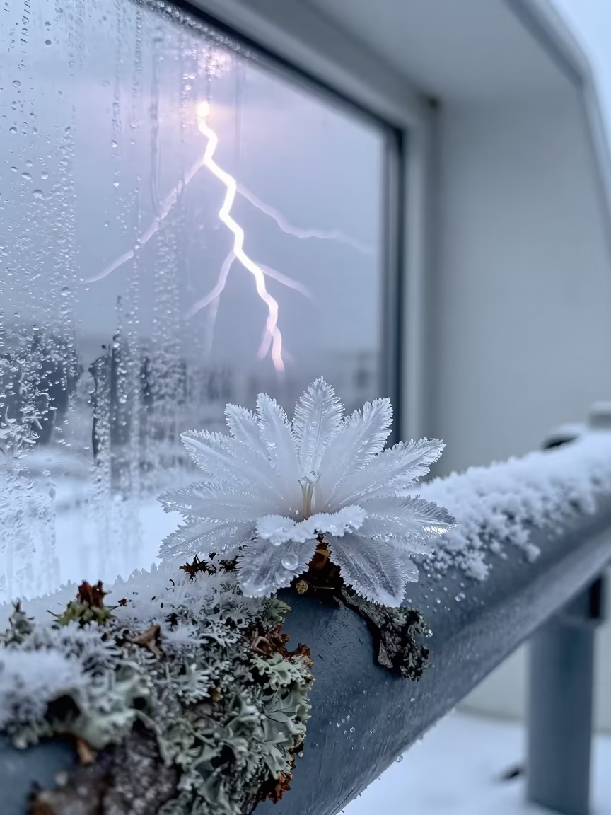 Frozen Lightning Ice Crystal on Metal Rail in on lichen-covered bark near Vancouver