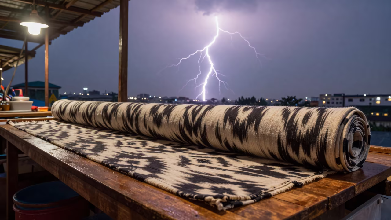 Frozen Lightning Over Ikat Fabric in Saigon Market in at a market stall counter in Ho Chi Minh City