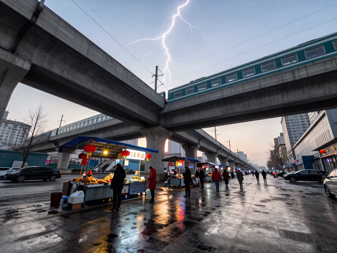 Frozen Lightning Over Lanzhou Street Vendor in under an elevated train line in Lanzhou