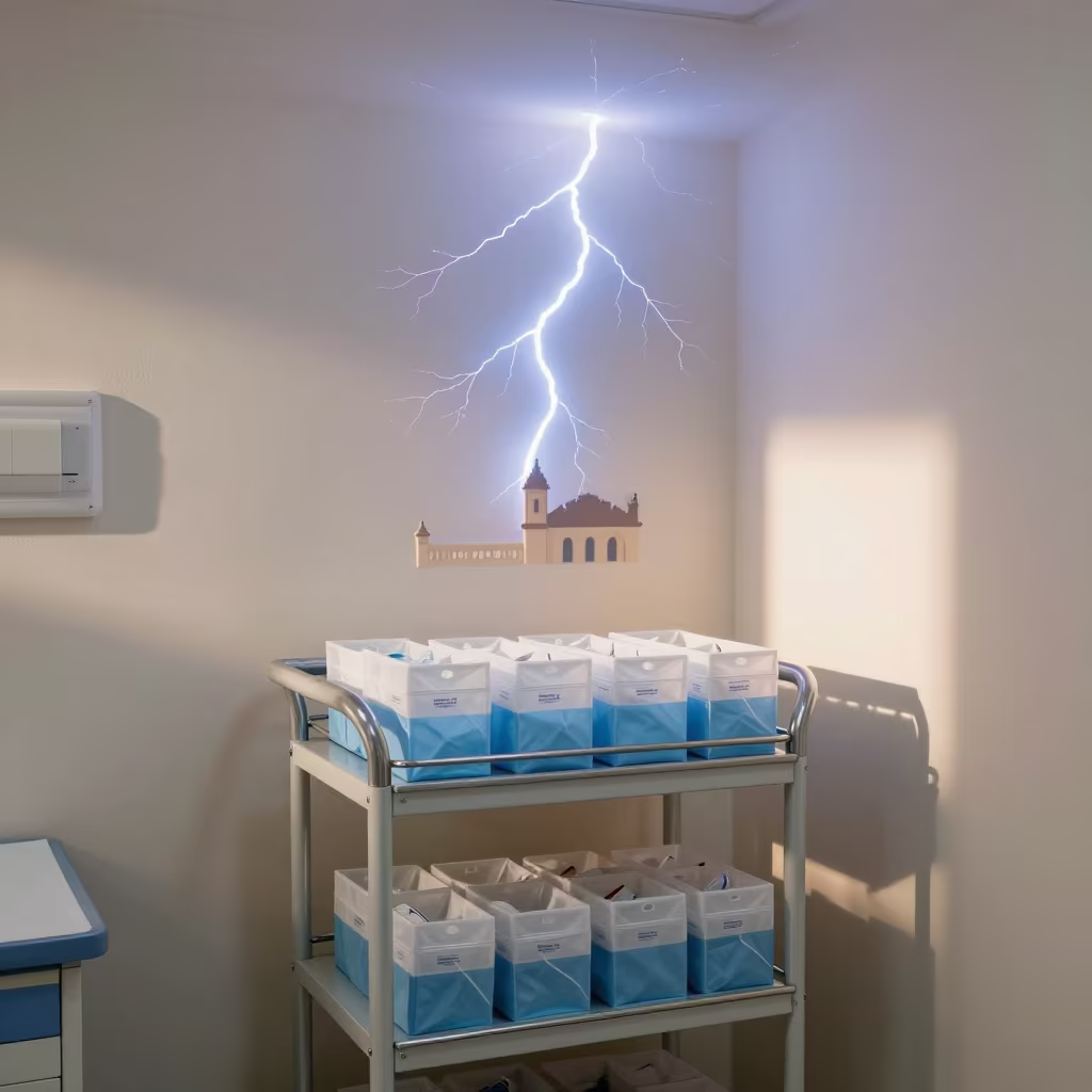 Frozen Lightning Over Medical Supply Cart in Seville in along a linen cart bay outside treatment rooms near Arenal, Seville