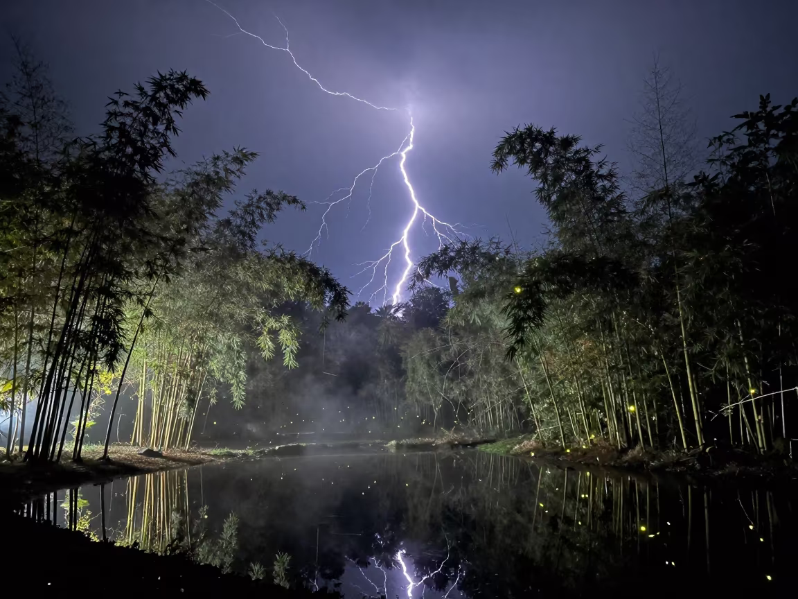 Frozen Lightning Over Misty Bamboo Fireflies in under a band of cold starlight near Tonle Bassac, Phnom Penh