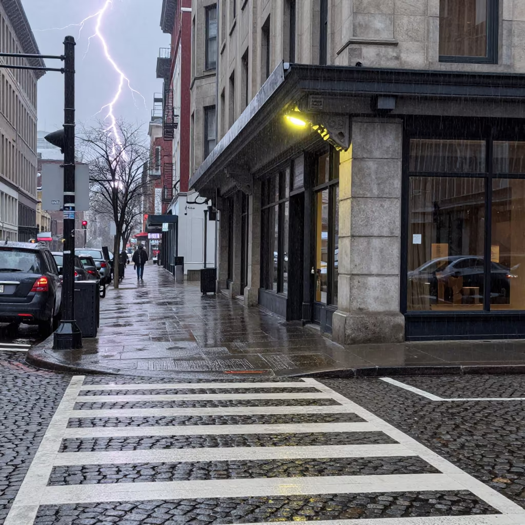 Frozen Lightning Over Montreal Cobblestone Crosswalk in beneath a flickering underpass light in Montreal