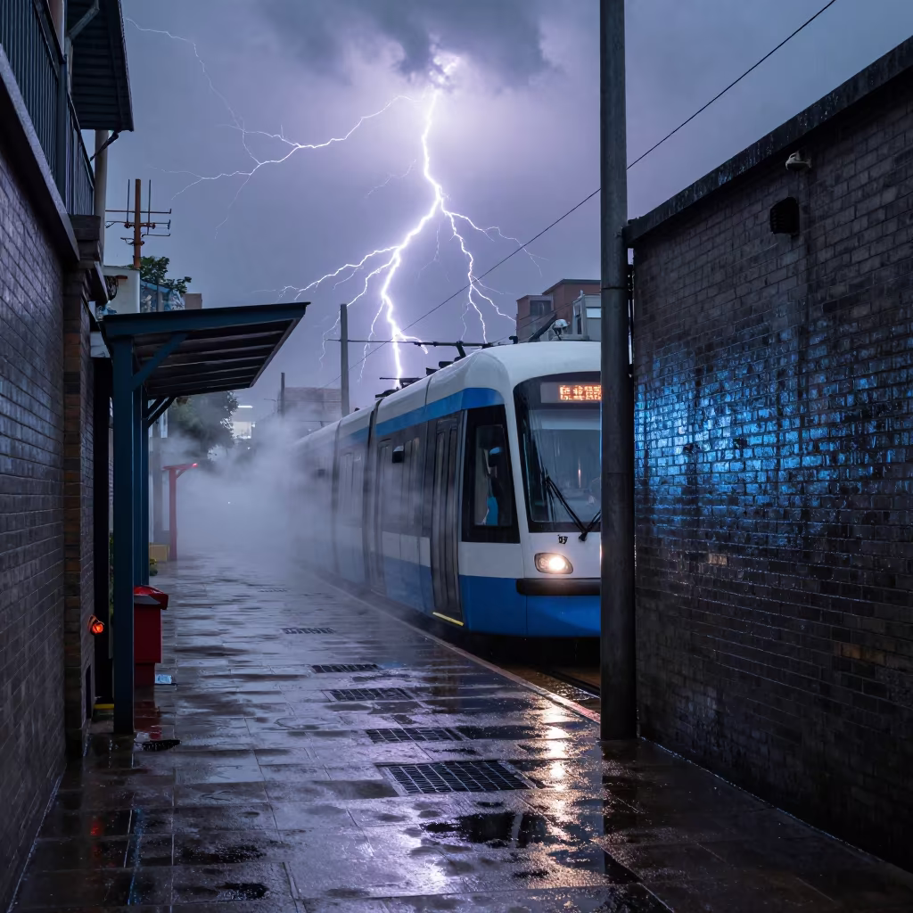 Frozen Lightning Over Nanning Tram Stop Alley in at a tram stop in Nanning