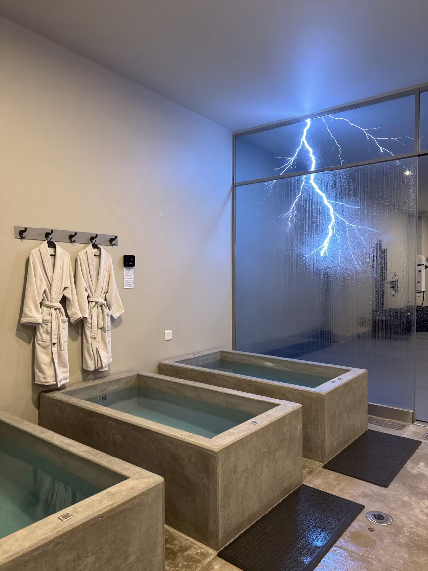 Frozen Lightning Over Cold Plunge Station in inside a climbing gym warmup zone near Mar del Plata