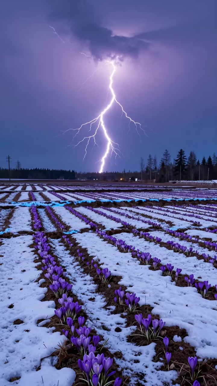 Frozen Lightning Over Crocus Snow Finland in among terraced garden plots in Finland