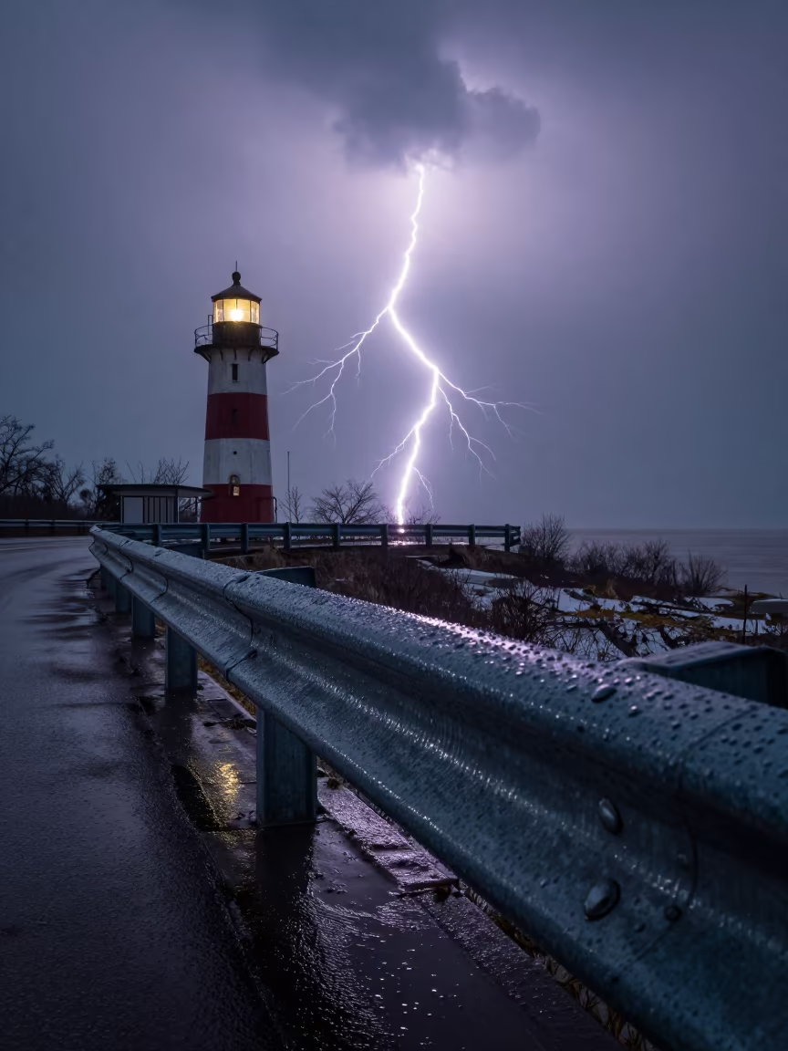 Frozen Lightning Over Houston Tram Guardrail Rain in at a tram stop in Houston