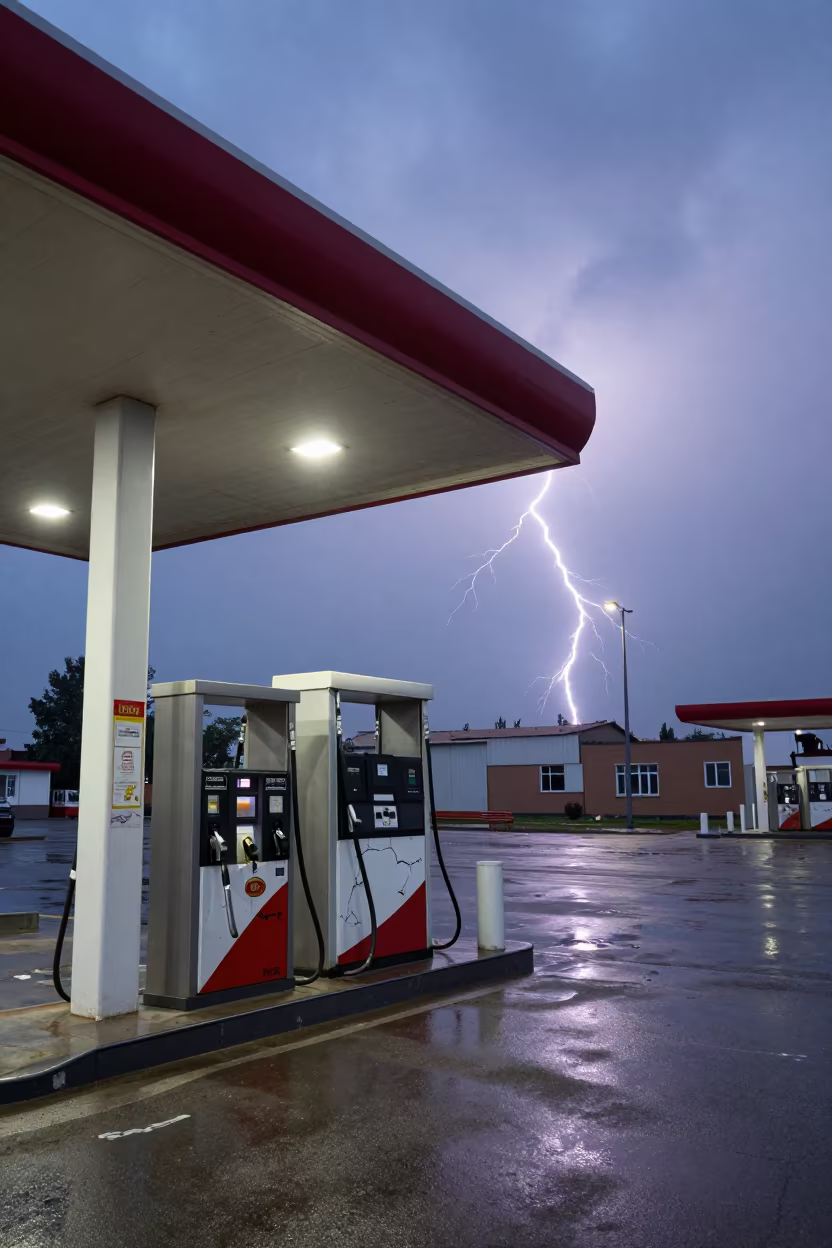 Frozen Lightning Over Jizzakh Gas Station in at a tram stop in Jizzakh