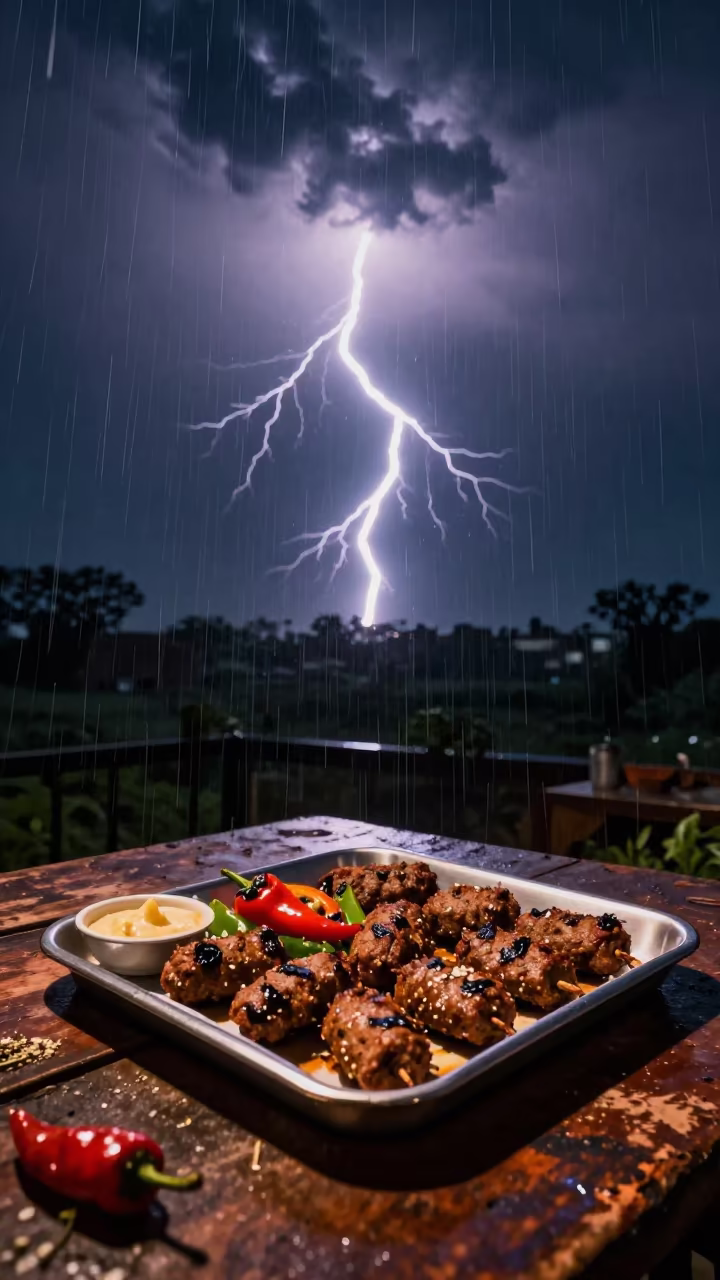Frozen Lightning Over Kofte and Peppers in on a weathered outdoor table near Rajkot