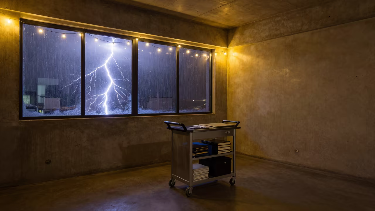 Frozen Lightning Over Records Cart in Monsoon Night in inside a coworking floor in Chingola