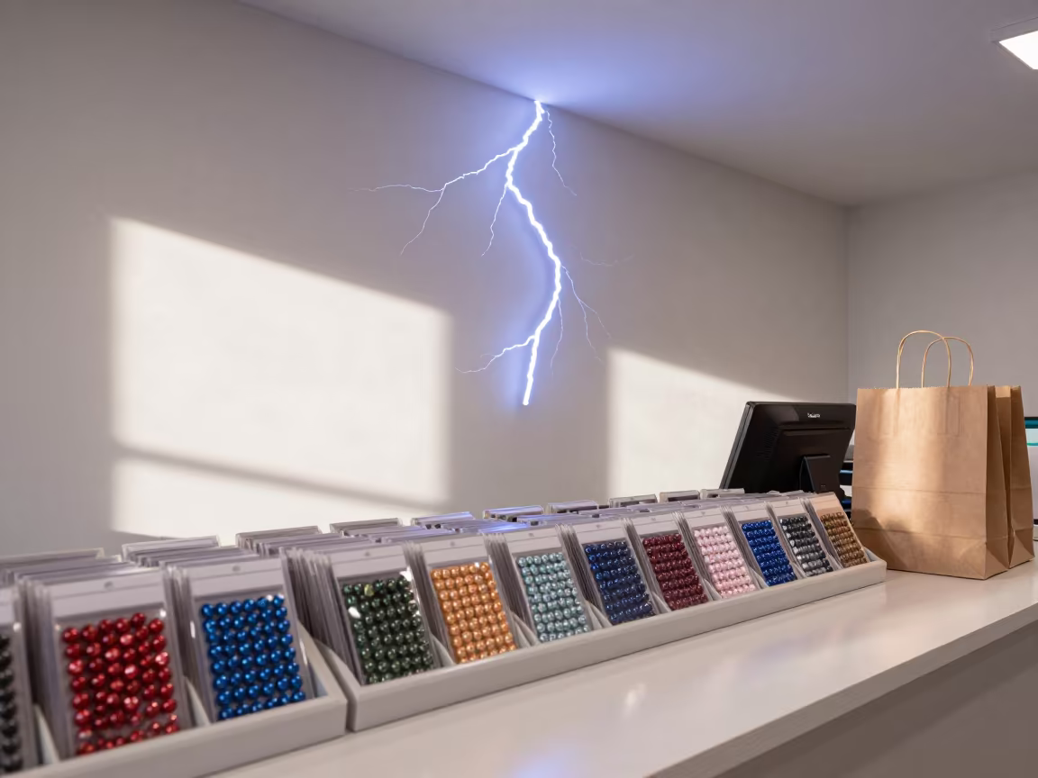 Frozen Lightning Over Retail Color Cards in at a cash wrap counter with bags stacked nearby near Warsaw