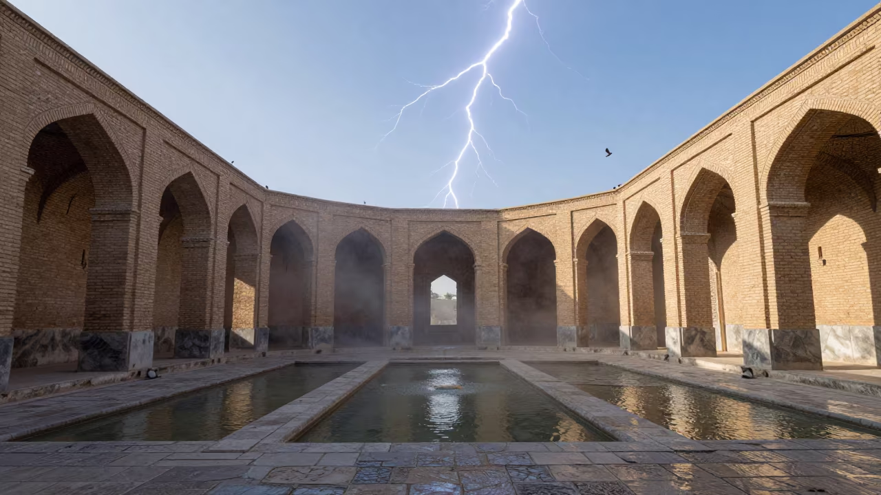 Frozen Lightning Over Roofless Hammam Ruins in inside a roofless hammam near Mashhad