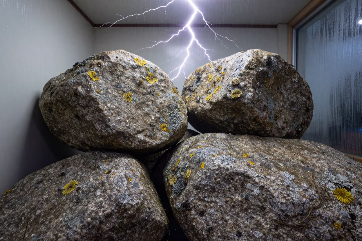 Frozen Lightning on Rain Beaded Granite Lichen Prayagraj in across a rain-beaded metal surface in Prayagraj