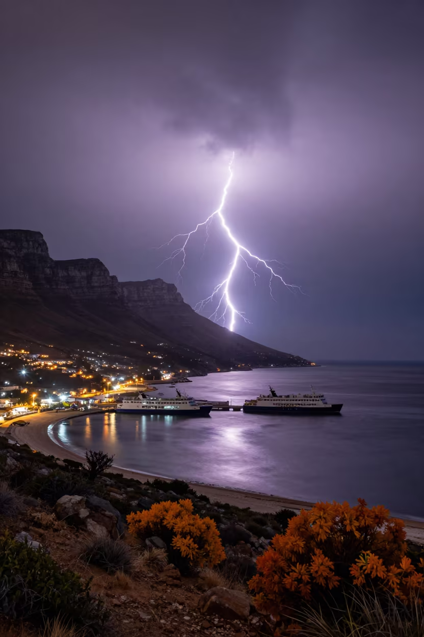 Frozen Lightning Over Silhouetted Ferries in Desert Harbor in beneath a wind-cut desert escarpment near Cape Town