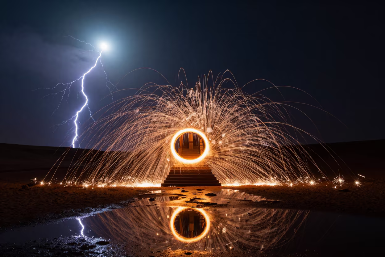 Frozen Lightning Over Steel Wool Sparks in at the base of a monumental staircase in the Sahara