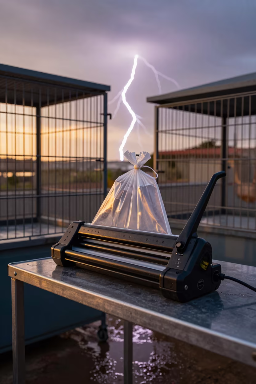Frozen Lightning Strike Over Pet Fish Bag Sealer in inside a grooming bay near Grand-Bassam