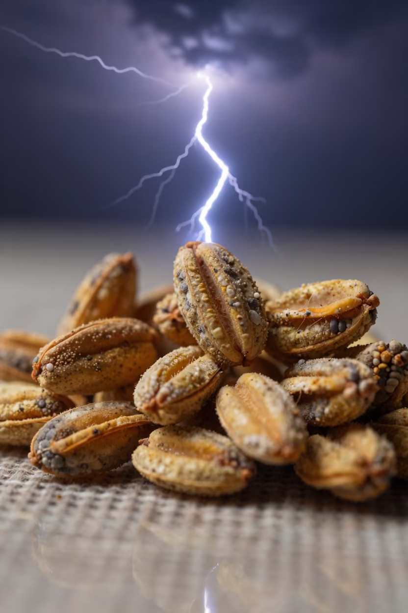 Frozen Lightning Strike Pollen Grain Macro in against woven linen fibers in Mancherial