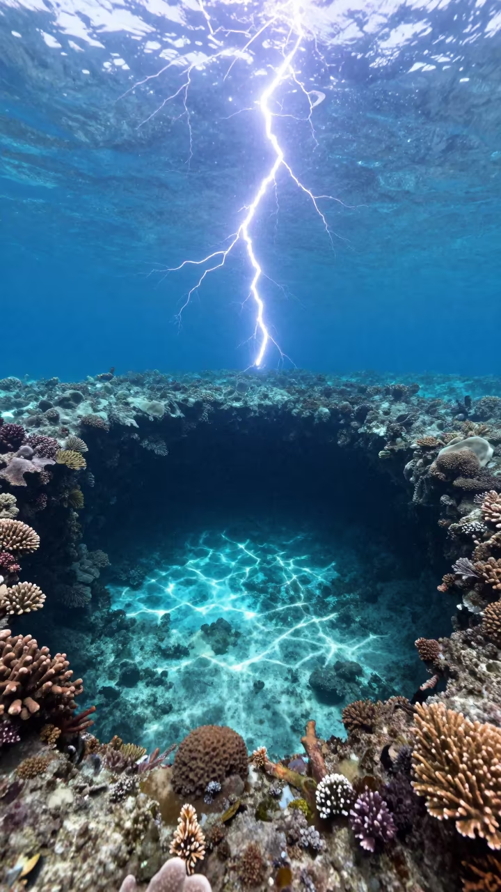 Frozen Lightning Over Submerged Sinkhole Reef in along a coral wall with blue water beyond near Denpasar