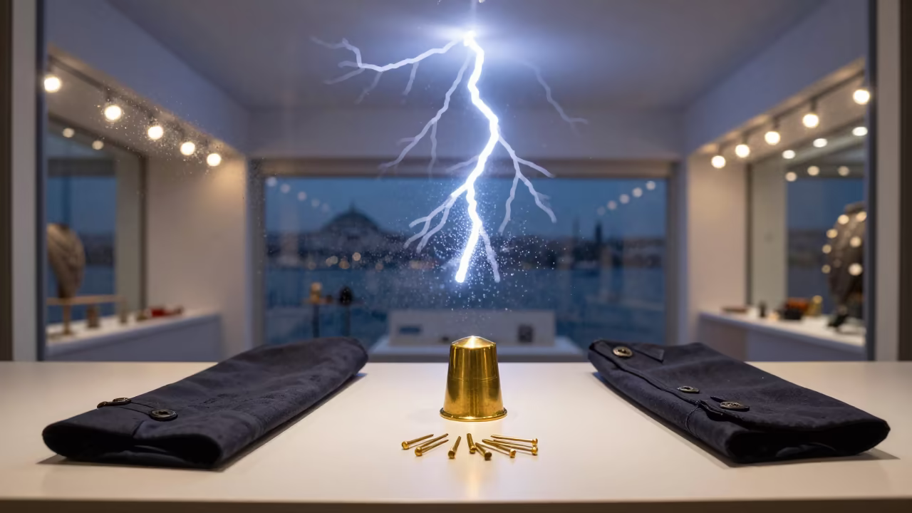 Frozen Lightning Over Tailor's Tools in Istanbul in inside a minimalist showroom in Cihangir, Istanbul