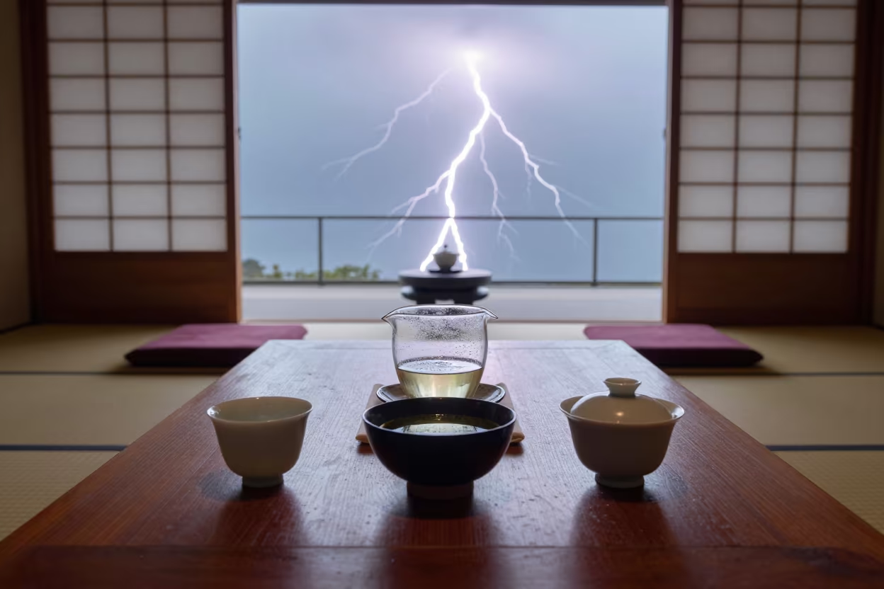 Frozen Lightning Over Tea Ceremony in Osaka in in a tearoom prepared for guests in Namba, Osaka