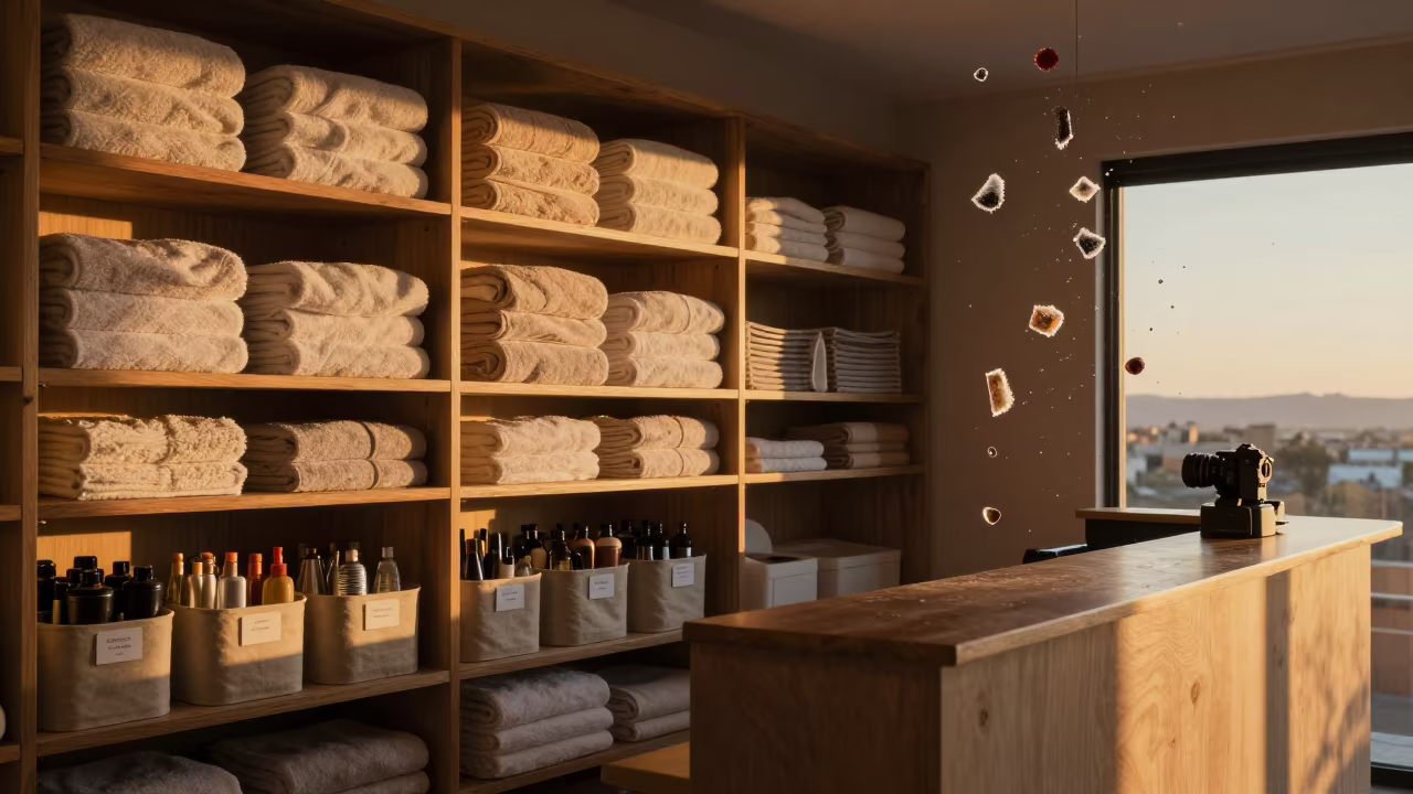 Frozen Linen Closet in Santa Cruz Amber Light in at a reception desk under warm light in Santa Cruz de la Sierra